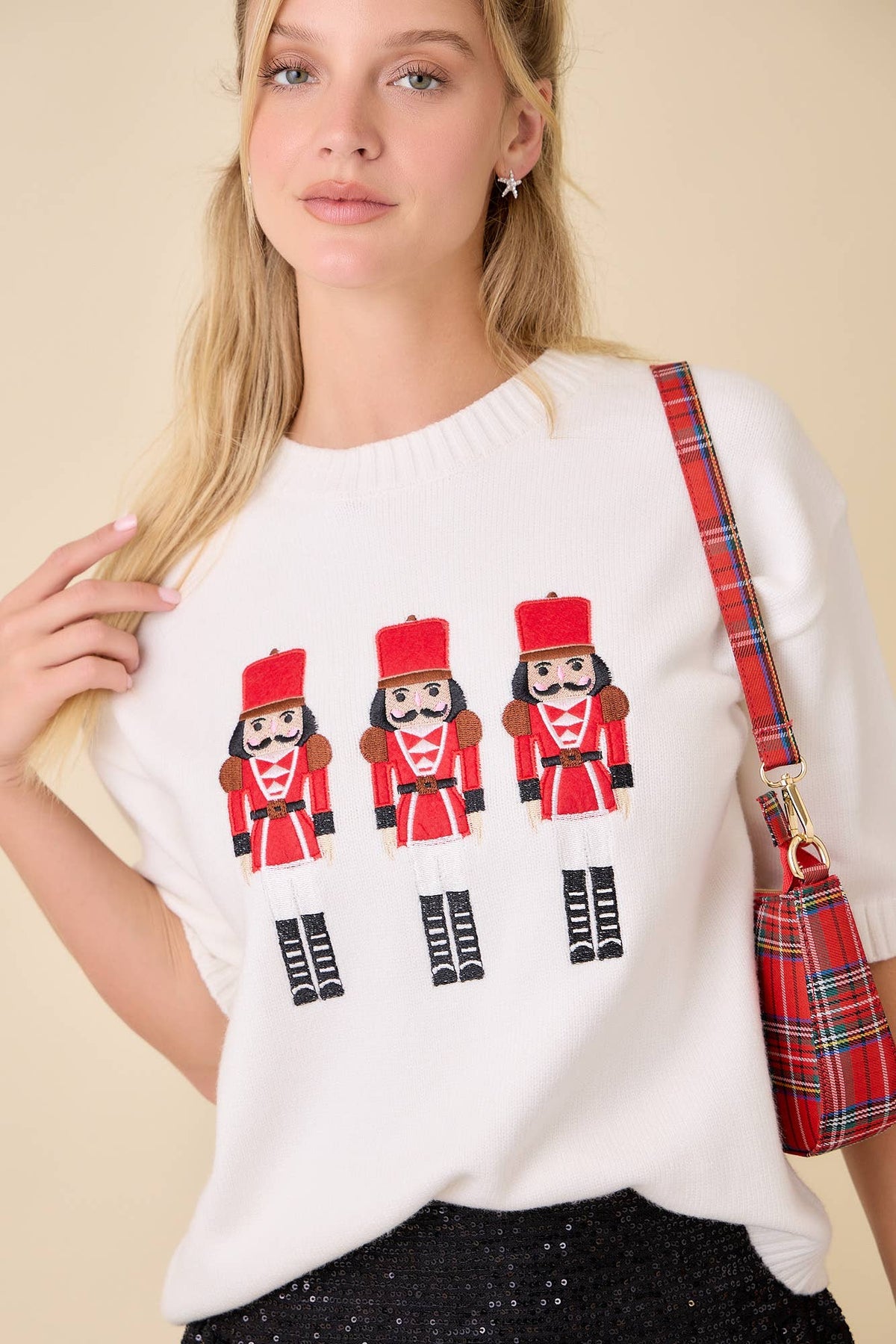 Christmas Nutcracker Embroidered Patchwork Knit Sweater: WHITE / M