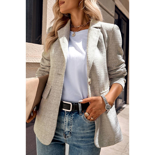 Fit Button Open Front Long Sleeve Solid Blazer: Khaki / XL