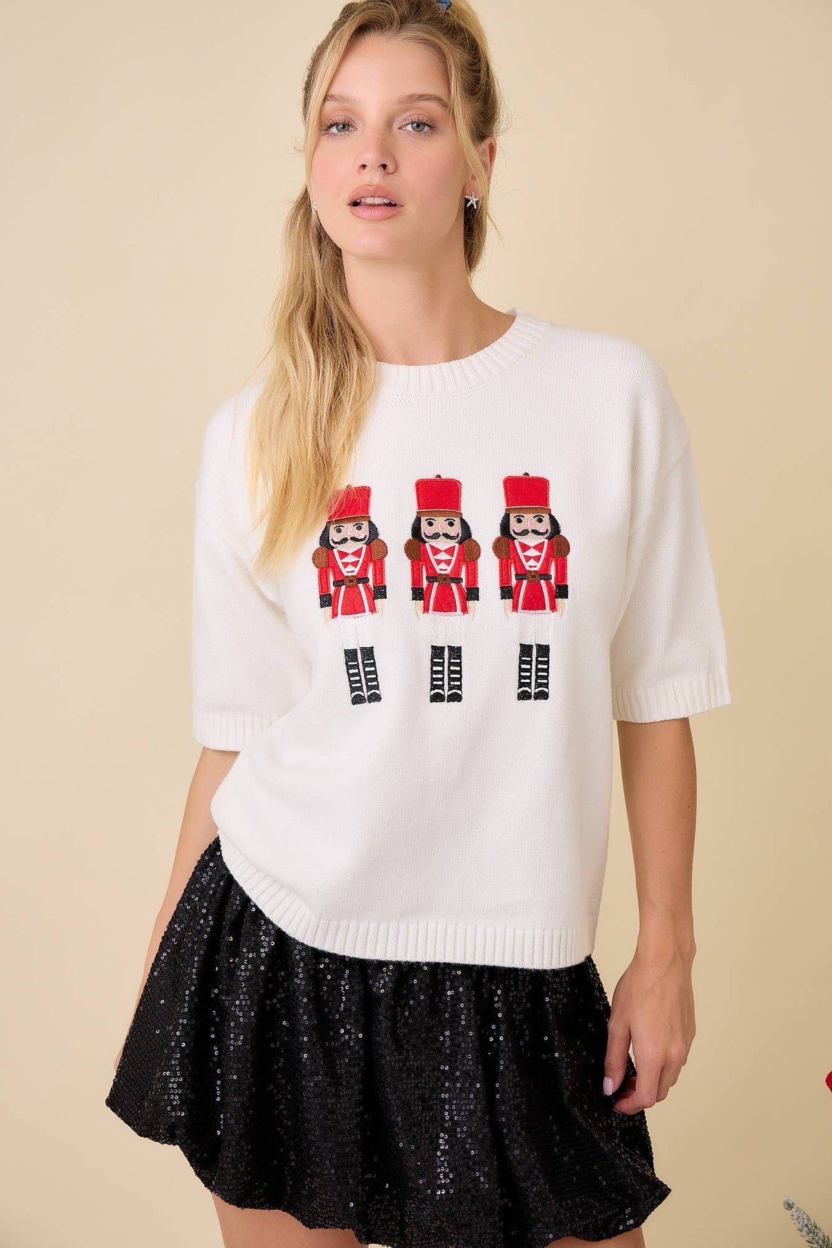 Christmas Nutcracker Embroidered Patchwork Knit Sweater: WHITE / M