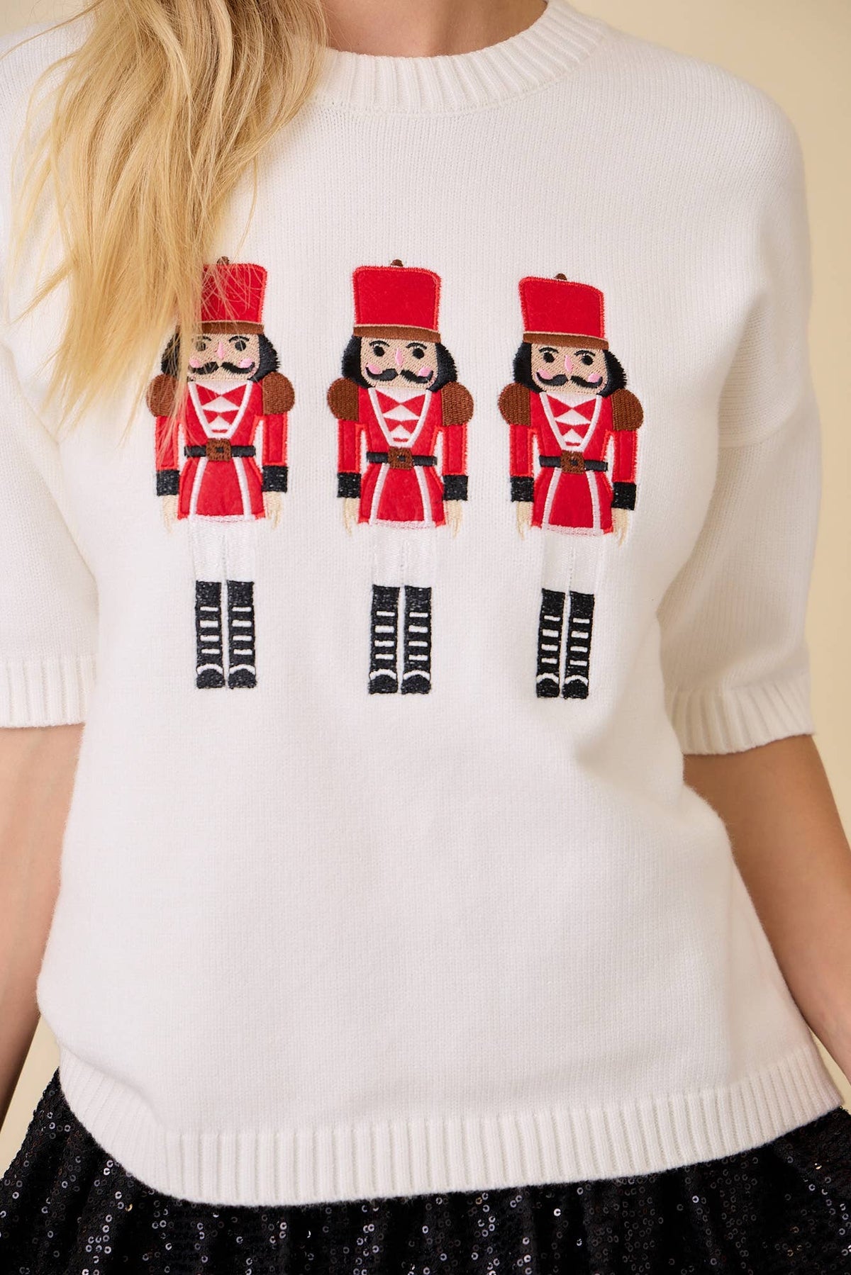 Christmas Nutcracker Embroidered Patchwork Knit Sweater: WHITE / M