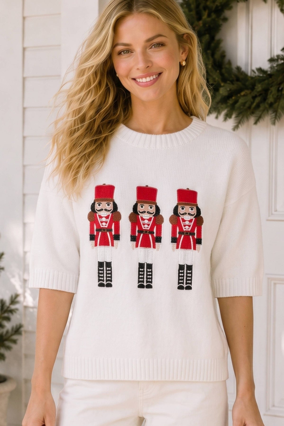 Christmas Nutcracker Embroidered Patchwork Knit Sweater: WHITE / S