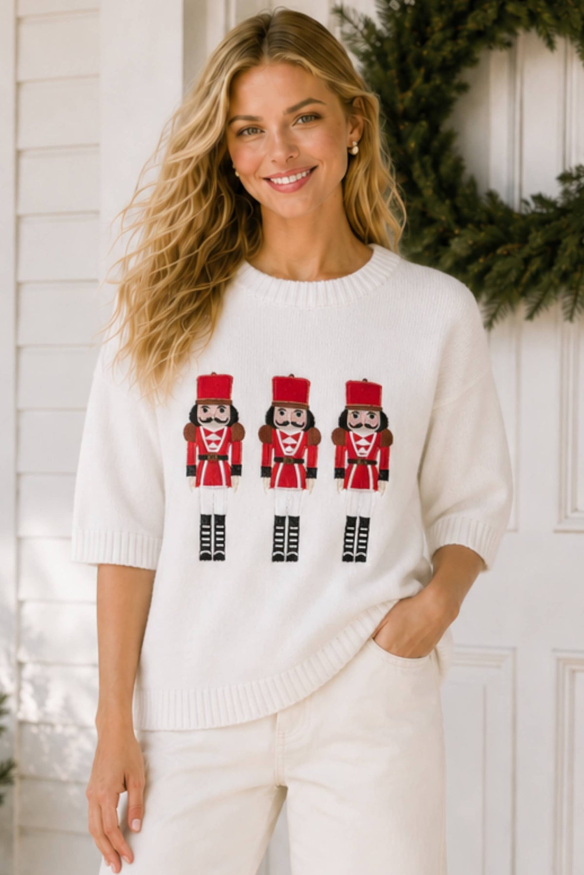 Christmas Nutcracker Embroidered Patchwork Knit Sweater: WHITE / M